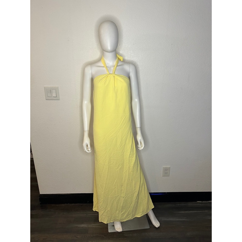 SHEIN Yellow Halter Maxi Dress Textured Open Back Summer Vacation Gown